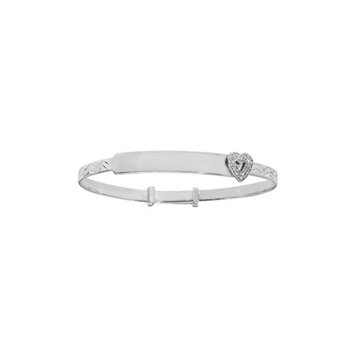 Sterling Silver Kids Expanding ID Bangle with Cubic Zirconia Heart 4.2g