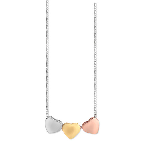 16" three colour gold plated sterling Silver Heart Necklace