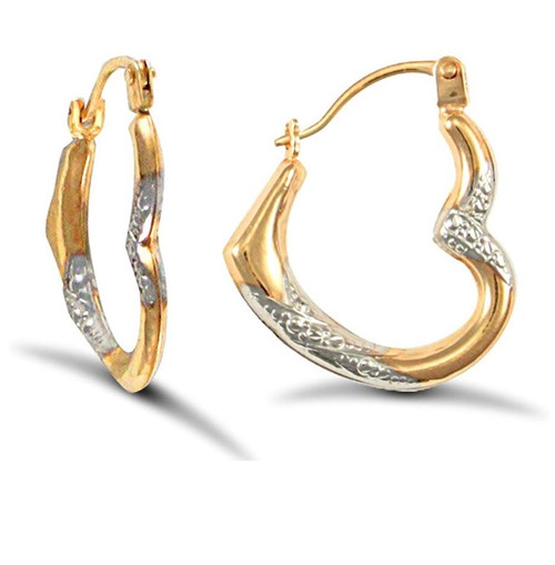 9ct Yellow and White Gold diamond cut Heart Creole Earrings