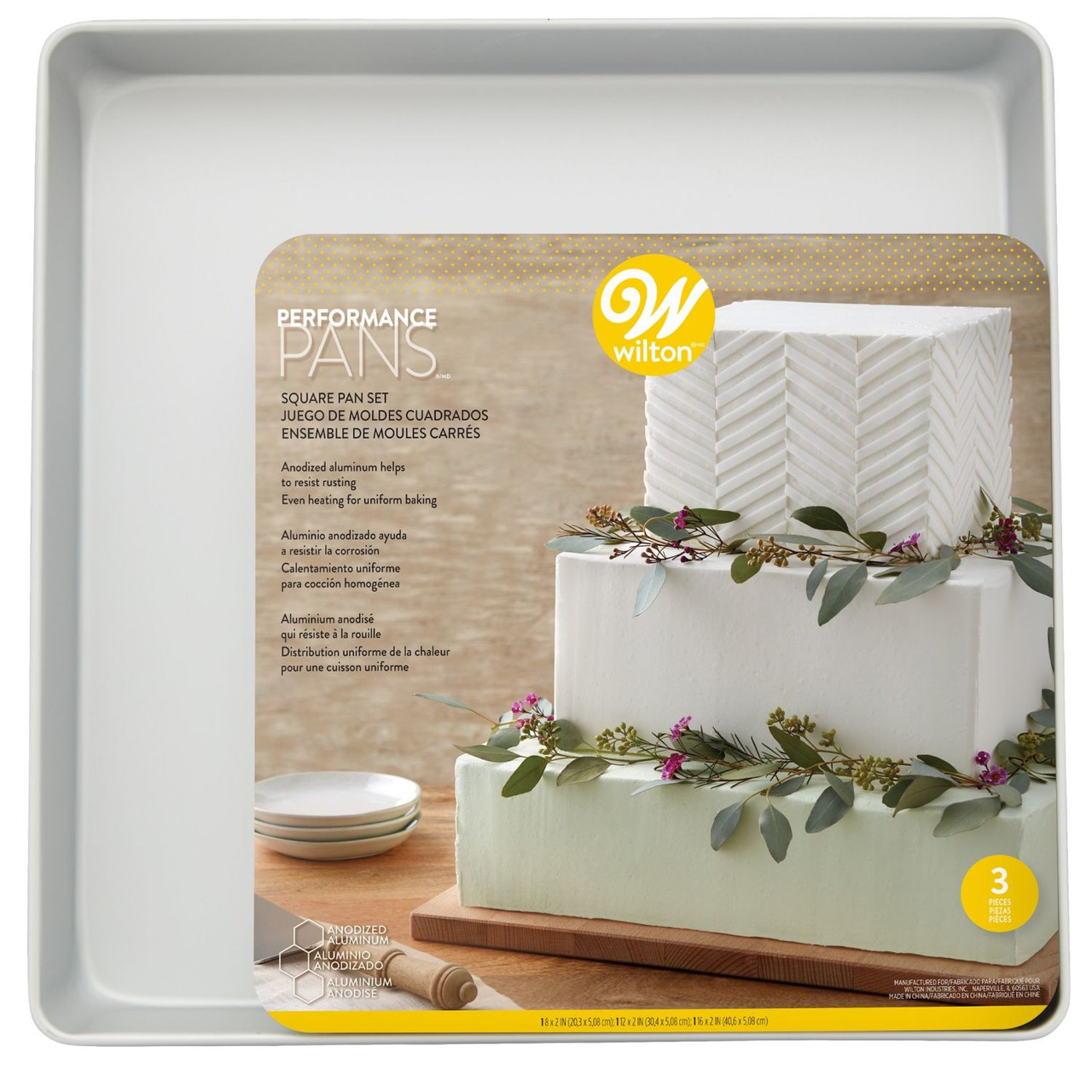 Performance Pans Square Cake Pans Set, 3 Piece - 8, 12 and 16-Inch Cake Pans