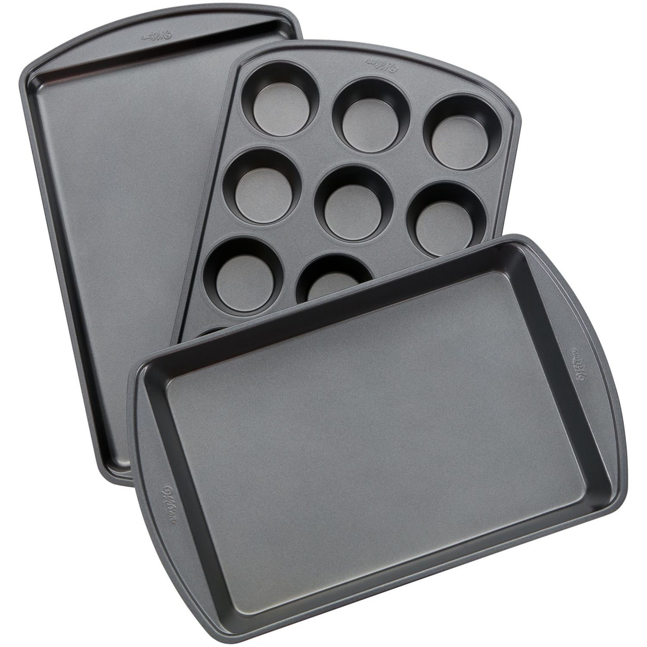 Wilton Perfect Results Muffin, Baking and Oblong Pan Bakeware Set, 3-Piece | Non-Stick