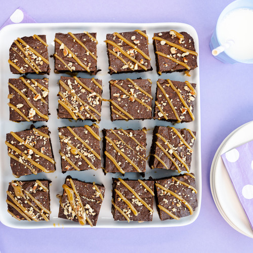 Toffee Caramel Drizzled Nutty Fudge Brownies 