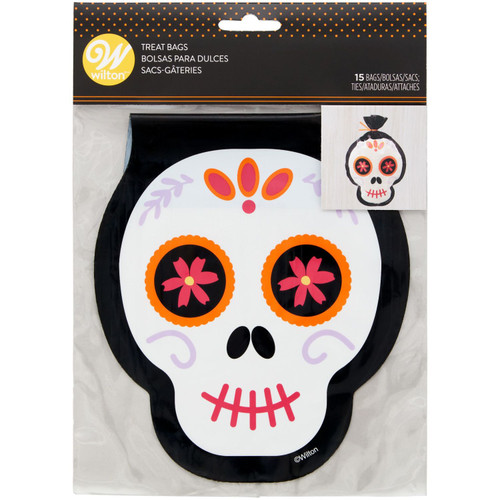 Skull-Shaped Day of the Dead Treat Bags and Ties, 15-Count