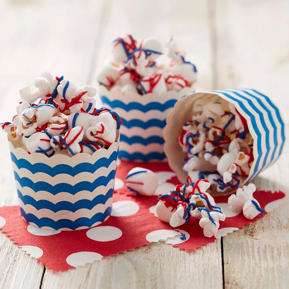 Red white and blue popcorn in a bowl