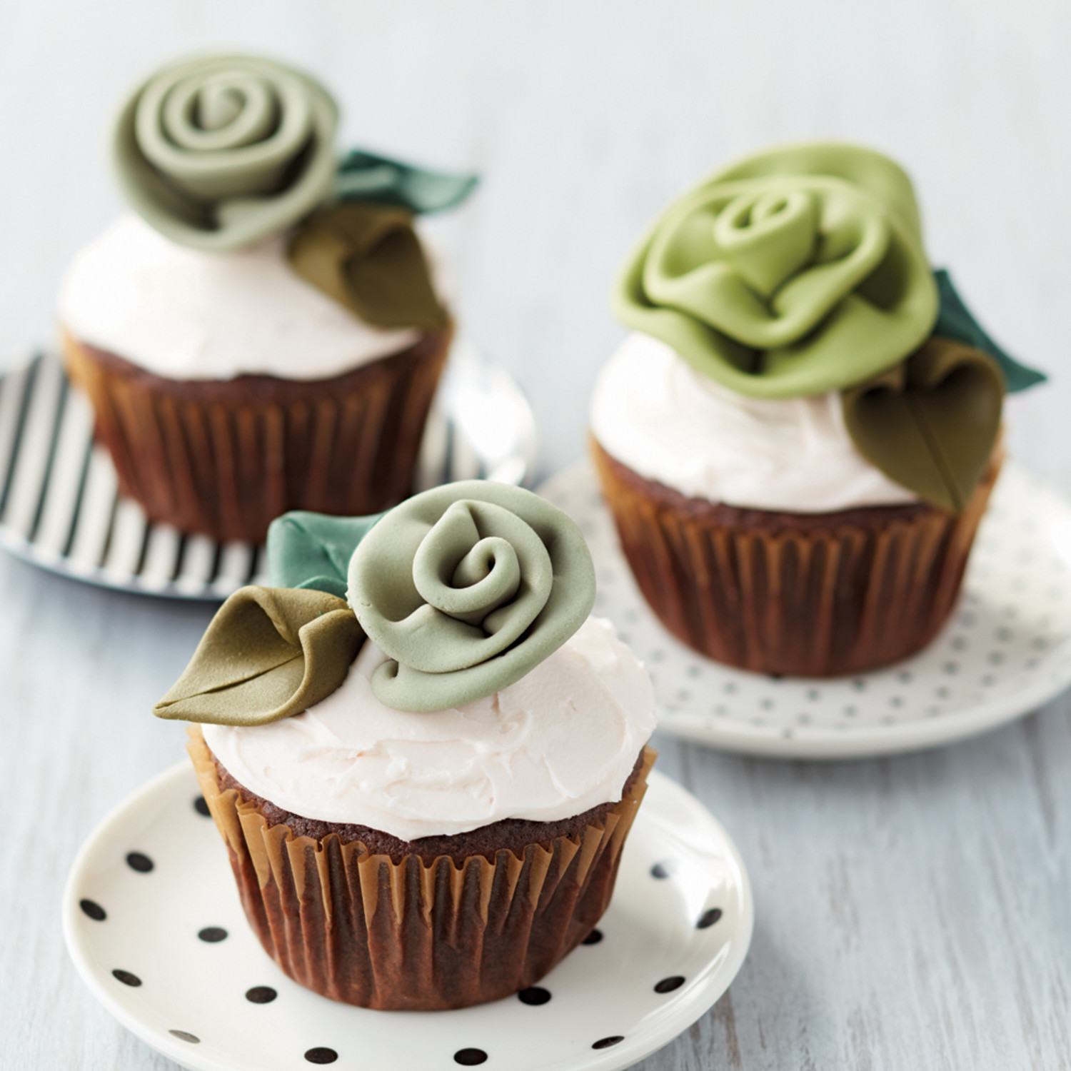 Shades of Green Ribbon Rose Cupcakes
