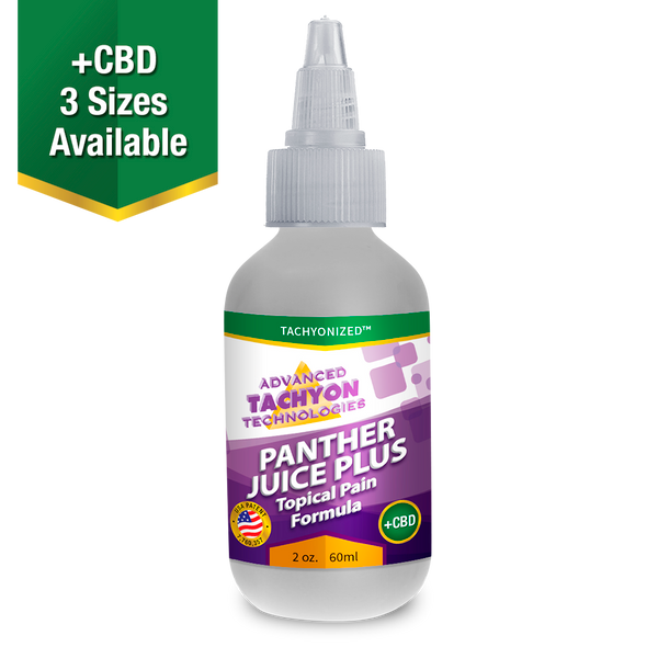 Tachyonized Panther Juice PLUS C.B.D. Isolate, a Tachyon energy product, delivers Tachyon directly to the source to relieve muscle, joint and arthritis pain, swelling and strains.