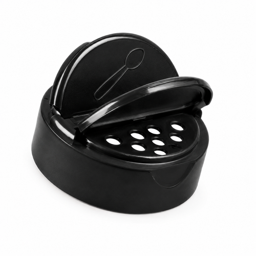 63-485 Black PP Round Dispensing Cap, 7-Hole Pour, 0.230 mm Heat-Seal Liner