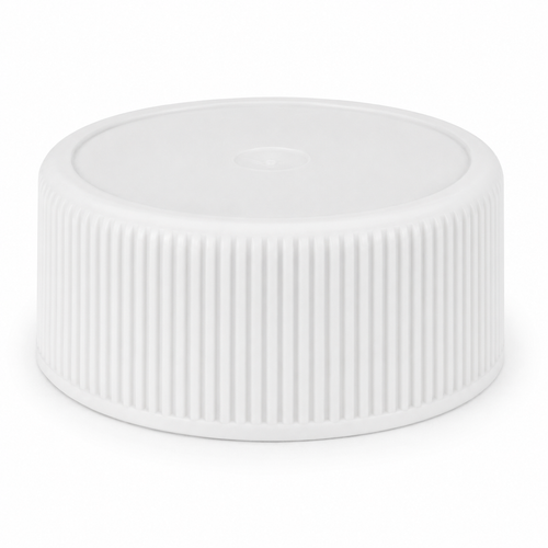 28-400 White PP Round Cap, Ribbed Sides, Matte Top, F217 Foam Liner