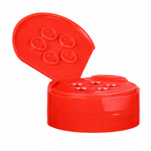 53-485 Red PP Round Single-Hinge Shaker Cap, 6-Hole (0.300"), Heat-Seal Liner