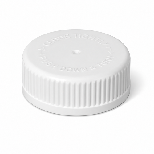 28-400 White PP Round Child-Resistant, Push-Down-Turn Cap, FSM-1 Heat-Seal Liner (0.035 Pulp)