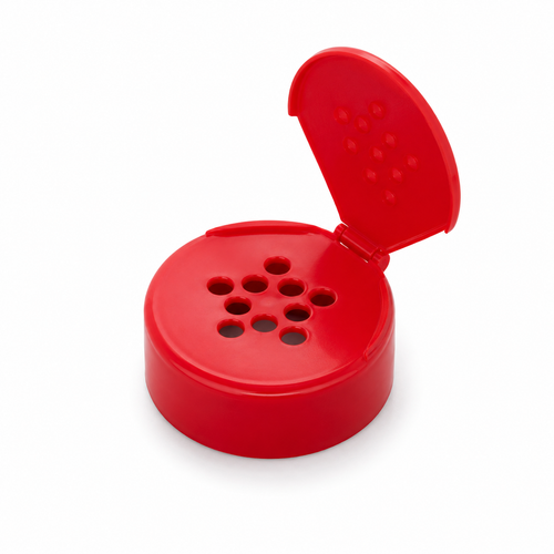 53-485 Red PP Round Spice/Sifter Cap, 10-Hole (0.200"), Universal Liner