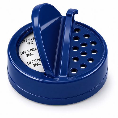 53-485 Blue PP Round Spice Cap, 7-Hole, 0.125, Dual door, Heat-Seal
