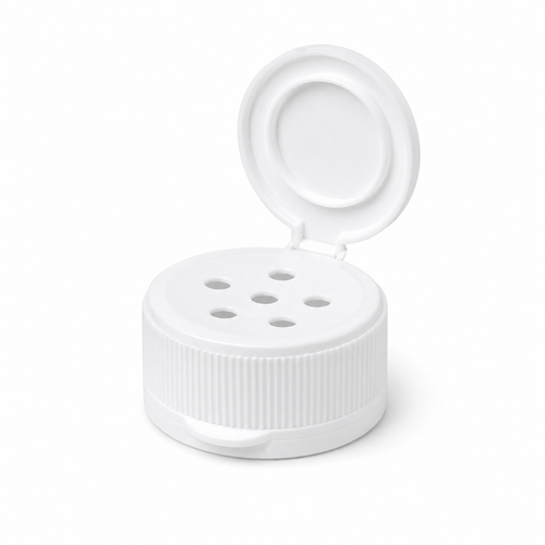 43-485 White PP Round Flip-Top Sifter Cap, 5-Hole (0.250" Orifice), Universal Heat-Seal Liner