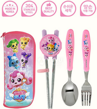 Catch Teenieping  Cute Stainless Steel Spoon, Fork, Training Chopstick, Case Set for Kids