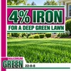 Lush green lawn with text highlighting 4% iron for a deep green lawn in Turf Line Maximum Green 22-0-8 fertilizer.