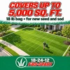 A person applies Turf Line Fas-Start fertilizer to a lawn, with text stating that the 18 lb bag treats up to 5,000 square feet.