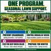 Turf Line Maximum Green four-step lawn care benefits: crabgrass prevention, broadleaf weed control, deep green color and winter preparation, shown alongside a lush lawn.
