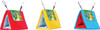 A front product photograph showcasing three color options of the Prevue Pet Products Snuggle Hut bird tent, displayed side-by-side against a white background. The triangular plush huts are shown in red with a light blue interior, yellow with a light blue interior, and bright blue with a red interior, each featuring black top hanging straps with metal clips and a product label displaying a cockatiel and parakeet.