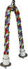 A product photograph of a colorful, flexible cotton rope bird perch isolated against a white background. The arch-shaped perch is twisted with blue, green, red, orange, and white cotton strands, featuring white plastic threaded end caps with metal washers at the bottom and a metal hanging chain clip at the top peak.