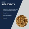 An informational graphic highlighting key ingredients in Cavalor Mash & Mix special care feed, including flaked and puffed barley and corn, wheat bran, dried vegetables, and linseed, accompanied by a circular close-up image of the textured mash mix.