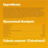 An ingredient list, guaranteed analysis breakdown, and calorie content statement for adult dog food displayed against a yellow background.