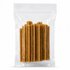 Back view of a clear resealable pouch filled with long, golden-brown Maggie & Duke’s Chicken Dental Chewz.