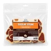 Front view of a 13.5 oz resealable bag of Maggie & Duke’s Sizzlin’ Steak Chewy Dog Treats for dogs of all ages, made in the USA.