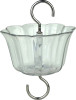 Product photograph of a clear plastic hanging bird feeder accessory against a plain white background. The main body is a clear, scalloped or flower-shaped translucent plastic cup, wide at the rim and tapering toward the base, designed to serve as an ant moat or weather guard. Running vertically through the exact center of the cup is a metallic rod that connects a large silver metal hanging hook at the top to an identical downward-facing silver metal hook at the bottom, allowing it to be hung inline with a bird feeder.