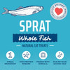 A product infographic for Icelandic+ cat treats against a bright cyan background. The top left features a detailed line drawing of a sprat fish swimming horizontally, while the top right displays a circular red badge with a white heart that reads "WITH NATURALLY OCCURRING TAURINE." The center contains the text "SPRAT" in large white block letters, above a dark blue wavy banner reading "Whole Fish" in cursive script, and "NATURAL CAT TREATS" underlined below it. The bottom portion features four white circular icons arranged horizontally above a light blue wave pattern, representing product benefits: "SINGLE INGREDIENT" with a number 1, "HIGH PROTEIN REWARD" with a molecular icon, "PACKED WITH OMEGA 3s" with an Omega symbol, and "HEALTHY SKIN & SHINY COAT" with a cluster of sparkles.