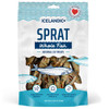 Front packaging image of a 0.85 oz bag of Icelandic+ Sprat Whole Fish Natural Cat Treats. The bag features a clear window showcasing the dried whole fish treats inside, decorated with simple blue line-art illustrations of fish, a light blue wavy line pattern header, and a teal bottom banner highlighting health benefits like high protein and omega-3s.