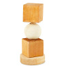 Product photograph of a small wooden small-animal chew toy standing vertically against a plain white background. The toy is constructed of simple geometric shapes stacked on top of one another. At the base is a flat, circular wooden disc made of light natural wood. Resting on the disc is a square block of natural, medium-toned wood. Above the cube is a smooth, spherical bead made of unpainted light-colored wood. The toy is topped with a second medium-toned wooden cube, connected through a small exposed wooden dowel running vertically through the center of the structure.