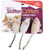Front retail packaging for SmartyKat Skitter Critters catnip mice, featuring a split white and purple cardboard backing card with an image of a cat playing. Attached to the card are three distinct plush toy mice: one beige knit, one light grey felt, and one textured tan, each featuring long string or twine tails.