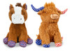 A front product photograph showcasing two patriotic Americana plush pet toys side-by-side against a white background. On the left is a sitting brown horse with a white face and patterned red, white, and blue hooves. On the right is a shaggy brown Highland cow with a blue starred horn and hoof, alongside a red-and-white striped horn and hoof.