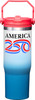 A front product photograph of a tall, insulated stainless steel "America 250" travel tumbler set against a white background. The tumbler features a smooth color gradient fading from white to blue, topped with a vibrant red flip-up lid and a matching red overhead carrying handle.