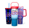 A product group photograph displaying three different red, white, and blue patriotic travel tumblers side-by-side against a white background. Each tumbler features "America 250" branding with a stylized ribbon logo celebrating the United States Semiquincentennial.