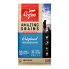 Front packaging of a bag of Orijen Amazing Grains Original dog food. The top features a prominent red block with the white "Orijen" logo and a running dog illustration. Below, the text reads "AMAZING GRAINS" with a small grain icon filling the letter "I." The middle section is bright blue, featuring the cursive word "Original" and the text "MADE WITH FRESH OR RAW CHICKEN & TURKEY, AND WILD-CAUGHT FISH WITH GRAINS." The bottom left highlights "90% PREMIUM ANIMAL INGREDIENTS" and a badge indicating the first "5 FRESH OR RAW" ingredients are poultry and fish. The right side features a vertical black panel showing a silhouette of a person and a dog against an outdoor sky, along with four stacked icons detailing product benefits. The bottom tan border reads "COMPLETE DOG FOOD" and lists the net weight as "25 LB (11.3 kg)."
