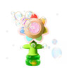 Product photograph of a flower-shaped bubble wand toy against a solid white background. The toy features a bright green stem handle with two small horizontal leaves and a clear green reservoir base labeled "Bubble." The flower head at the top has a tan center ring with a pink, multi-segmented bubble-blowing mechanism in the very middle. The outer petals are a mix of pastel colors, including yellow, green, teal, blue, and purple, outlined in pink. Clear, iridescent soap bubbles float in front of and around the flower head and stem.