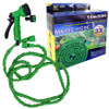 Product shot of an expandable green garden hose set with its retail packaging against a plain white background. On the left, the crumpled, flexible green hose is coiled loosely, attached to a green and black multi-pattern spray nozzle gun and plastic hose connectors. On the right, the blue and yellow cardboard box is displayed, featuring the text "The Incredible Xpanding Hose! MAGIC HOSE 15m/50ft" with a graphic of the hose coiled in a garden. A circular badge on the box reads "Expansion 3x" and notes that it automatically expands and contracts.