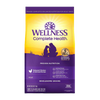 A bag of Wellness Complete Health adult dog food with a purple and yellow design. The top section features a yellow sunburst background with the purple text "WELLNESS Complete Health." Below the text is a dark silhouette of a person sitting next to a dog. A circular badge on the right highlights "5 Signs of Wellness" and notes it is veterinarian recommended. The lower purple half of the bag states "PROVEN NUTRITION" and features a chicken icon labeling the flavor as "Deboned Chicken & Oatmeal Recipe" for adult dogs with "WHOLESOME GRAINS." Three small icons detail the benefits: Sustained Energy, Healthy Digestion, and Healthy Skin & Coat. The bottom corner displays a "Made in the USA" stamp.