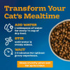 Promotional graphic with a blue background titled "Transform Your Cat's Mealtime." On the right, a top-down view shows a round bowl filled with small, round brown cat food kibble. On the left, three preparation steps are listed with white line icons: "ADD WATER: 1 tablespoon of water for every 1/2 cup of dry food" accompanied by a water droplets icon; "STIR until water is evenly mixed" with a stirring spoon icon; and "WAIT 2-3 minutes for optimal gravy experience" with a clock icon. A yellow banner at the bottom reads, "Stays crunchy when wet for up to 1 hour."