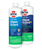 A product group photograph displaying two white plastic bottles of HTH Pool Care algaecide formulas side-by-side against a white background. The selection features the Algae Guard Advanced bottle on the left and the Algae Guard+ Ultra bottle slightly behind it to the right, both showcasing blue and green labeled packaging.