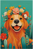 A vibrant decorative garden flag featuring a colorful, stylized illustration of a smiling golden retriever wearing a large flower crown made of pink, yellow, and orange blossoms. The dog peeks out from behind green cacti and red wildflowers against a solid teal backdrop.