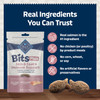 An e-commerce infographic for Blue Buffalo Bits Plus Skin & Coat + Immune Support dog treats. Header: Set against a solid dark blue background, bold white text reads "Real Ingredients You Can Trust". Left Side: Displays the front of the 3.5-ounce product pouch. Right Side: Features four pink circular icons with white graphics and accompanying text: Icon 1 (Fish): Real salmon is the #1 Ingredient
Icon 2 (Crossed-out bone): No chicken (or poultry) by-product meals
Icon 3 (Crossed-out wheat stalk): No corn, wheat, or soy
Icon 4 (Crossed-out test tube): No artificial flavors or preservatives
Bottom Section: A realistic close-up photo of two textured, brown, fish-shaped soft dog treats sits on a dark wood grain table foreground.