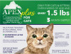 Packaging for Apex Plus for Cats topical flea and tick treatment. The top section is bright green with white text indicating it is for cats and kittens over 8 weeks of age and over 1.5 lbs, providing a 3-month supply. The bottom section features a close-up photo of a green-eyed tabby cat next to a list of target pests and a breakdown of active ingredients.
