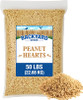 A 50-pound clear bag of Backyard Seeds Peanut Hearts wild bird food. The package features a central label with a wooden fence and bird illustration, showcasing the tan, chopped peanut pieces filling the entire bag, with a small pile of loose peanut hearts displayed in the foreground.