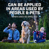 A lifestyle graphic showing a boy, a girl, and a golden retriever sitting on a backyard lawn at dusk, holding flashlights and looking up at the night sky. Large white overlay text reads, "CAN BE APPLIED IN AREAS USED BY PEOPLE & PETS. WHEN USED AS DIRECTED."