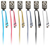 Lineup of six 10-foot USB charging cables in blue, pink, gold, gray, black, and white with retail hanging tags.