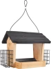 Nature's Way cedar wood hopper bird feeder with dual side wire suet cages and steel hanging cable.