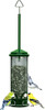 Green metal mesh tube bird feeder filled with seed, shown with goldfinches and a nuthatch feeding.