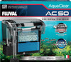 Retail packaging box for a Fluval AquaClear AC 50 Performance Power Filter, showcasing a diagram of the internal filter media stack against a white background.